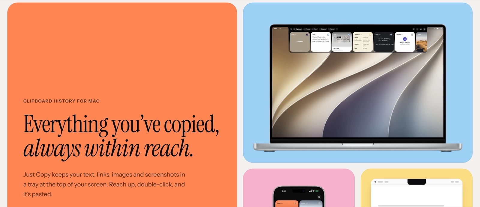 The justcopy.app landing page: “Everything you’ve copied, always within reach.”